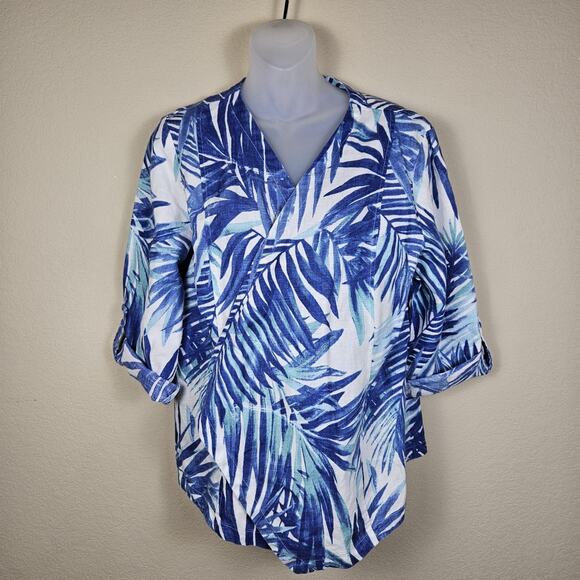 Chicos 2 Linen Open Blazer Jacket Roll Tab Sleeve White Blue Tropical Womens L - Picture 2 of 12